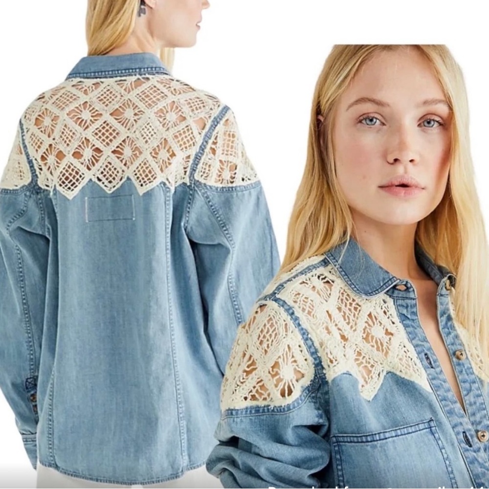 NWT XS Free People Oversized Denim Fields Crochet Indigo Button Down Shirt